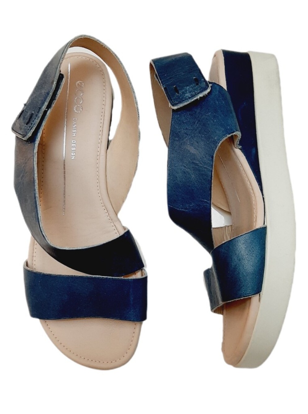 ECCO Danish Design Open Toe Blue Leather Low Platform Comfort Sandals Sz 5